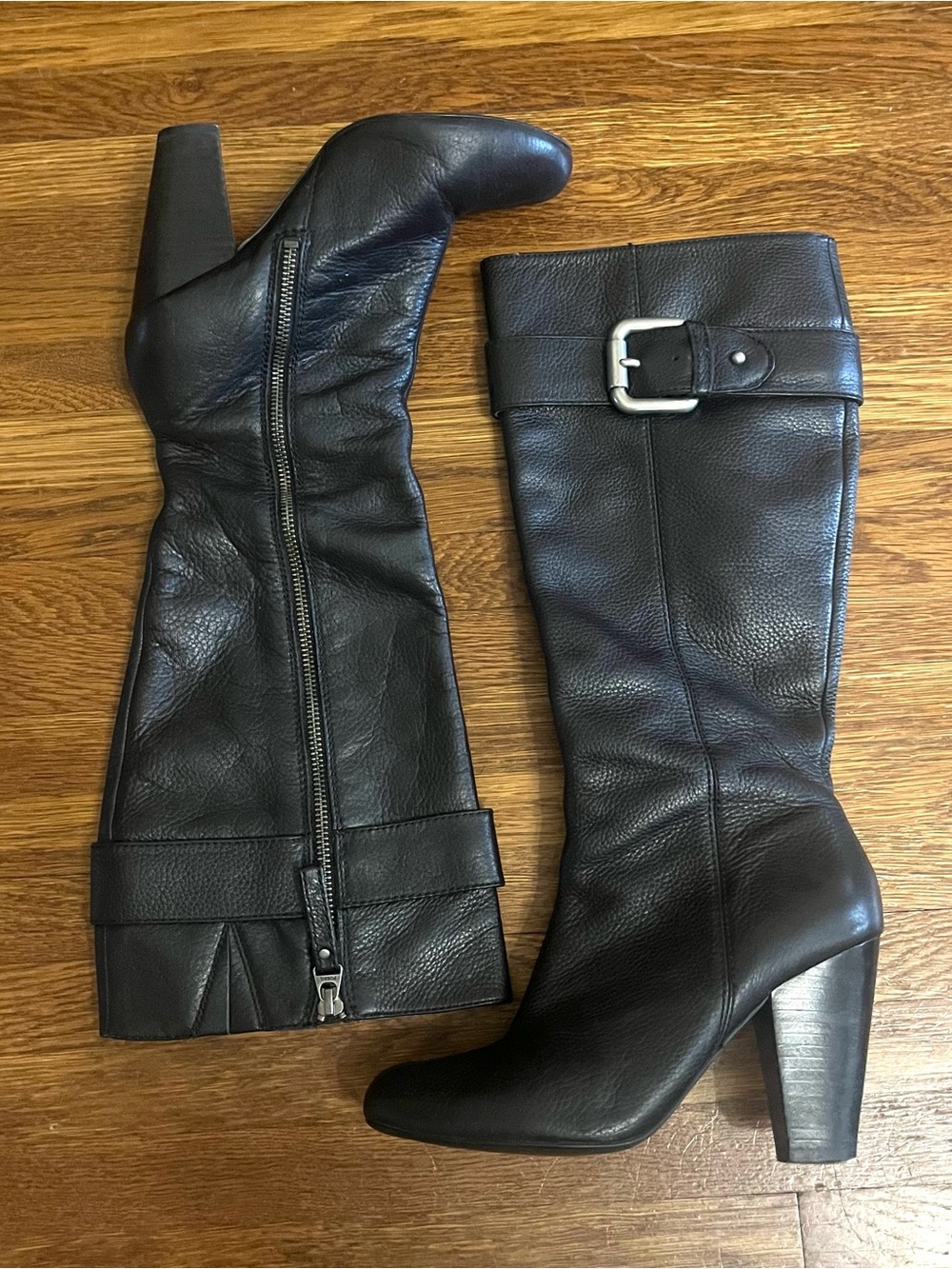 Fossil knee high black leather boots heels 6.5 buckle pirate witchy